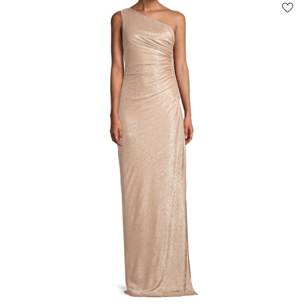 Calvin Klein Ruched Metallic One-Shoulder Gown (Beige, 2)